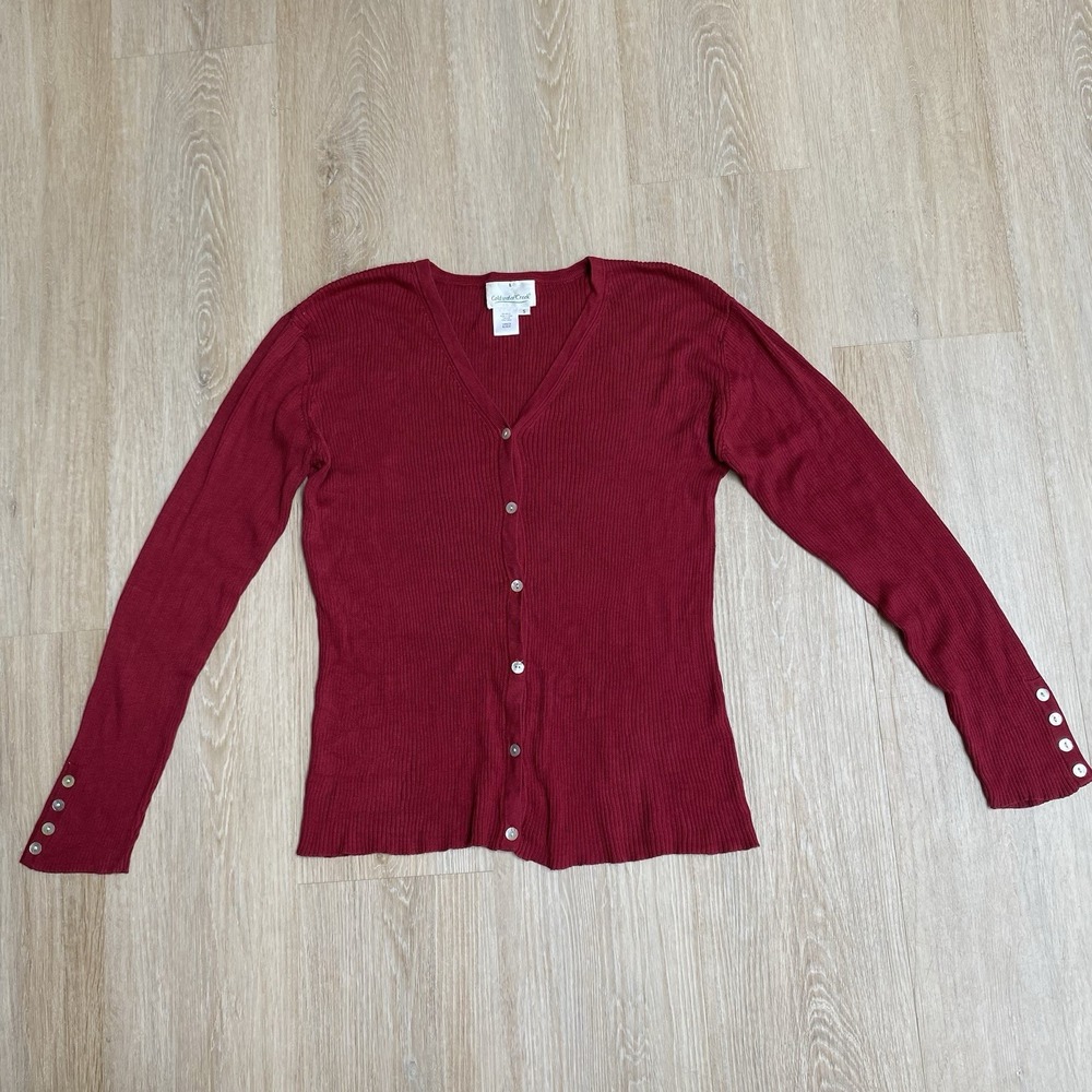 Coldwater Creek Silk Blend Ribbed Cardigan Red V-Neck Button Cuff Sweater SZ S